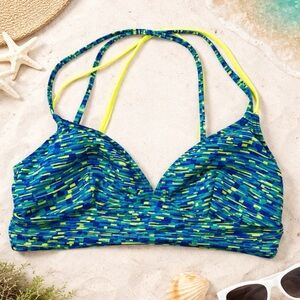 TYR Sports Bra Small Blue Green Yellow Cross Back Swimwear Bikini Top SAMPLE